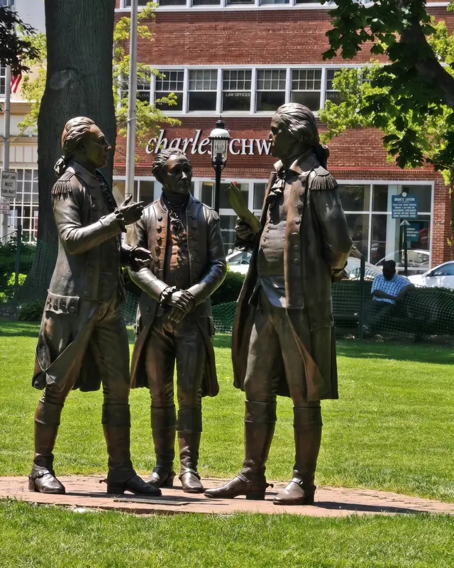 The Washington, Lafayette and Hamilton statues on the Morristown Green.