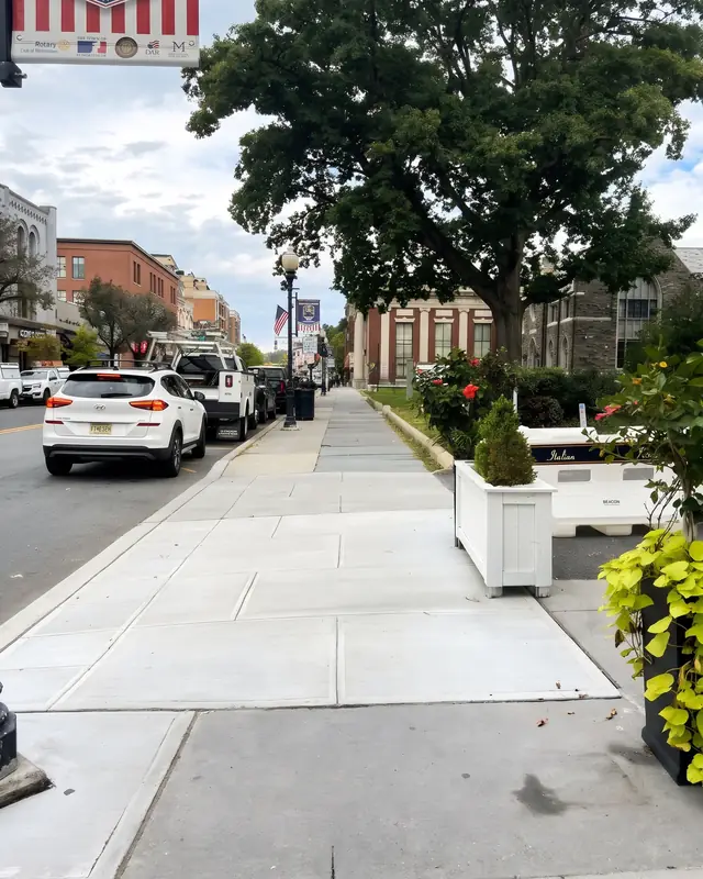 A wide, tree-lined sidewalk on South Street with planters.