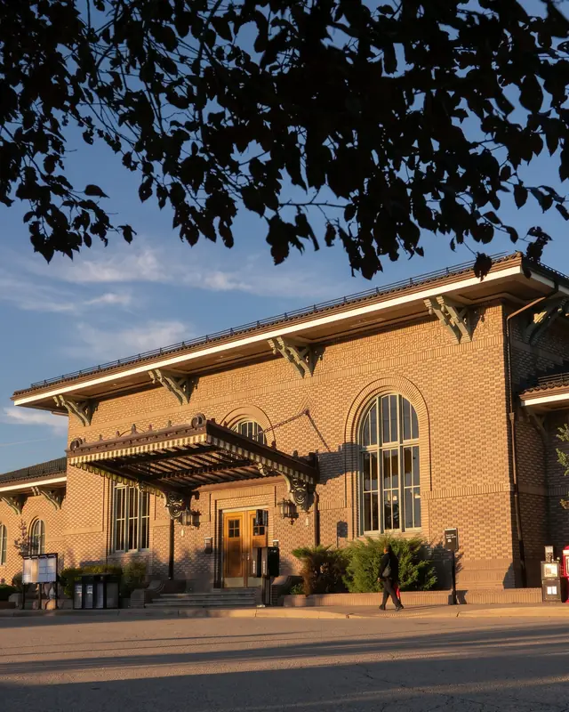 The Morristown train station in warm evening light.